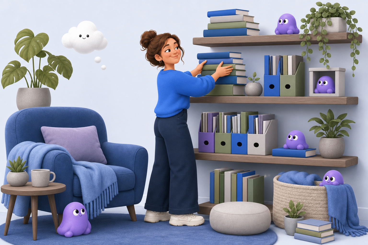 Woman organising colour-coded books in a cosy reading nook